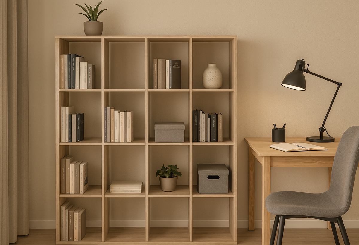 Απεικονίζεται η βιβλιοθήκη σε ένα σαλόνι.